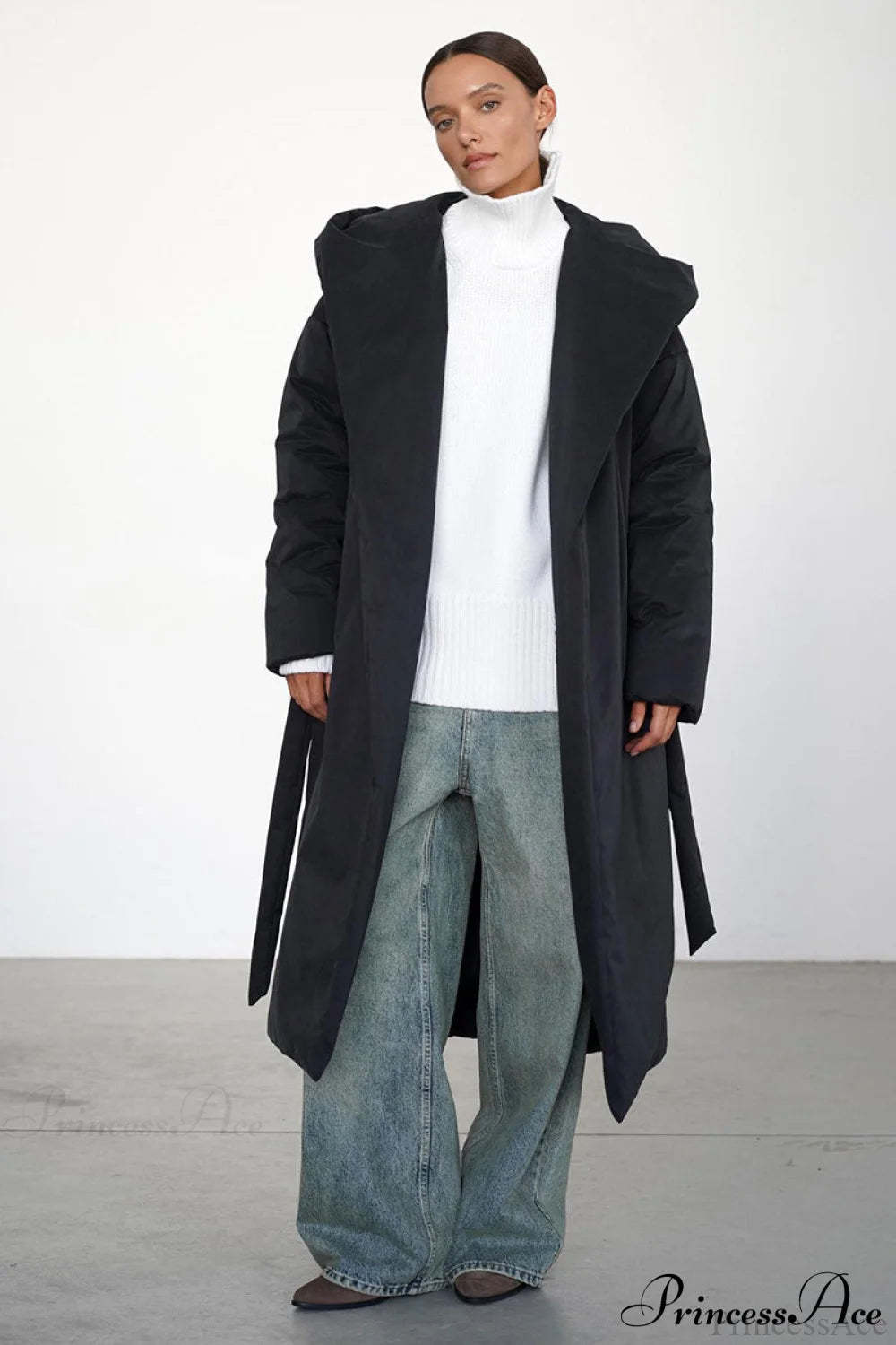 Solid Warm Long Hooded Belted Cotton Puffer Overcoat Black / S