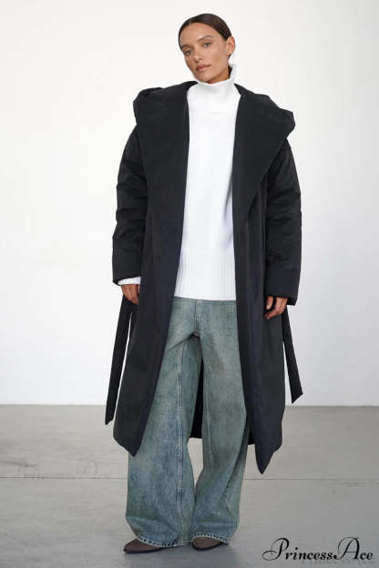 Solid Warm Long Hooded Belted Cotton Puffer Overcoat Black / S