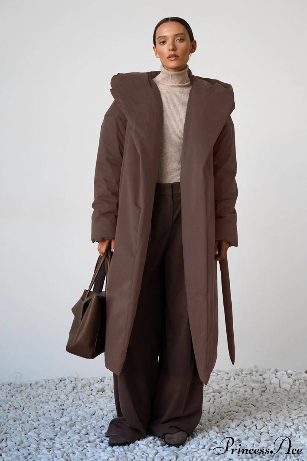 Solid Warm Long Hooded Belted Cotton Puffer Overcoat Brown / S