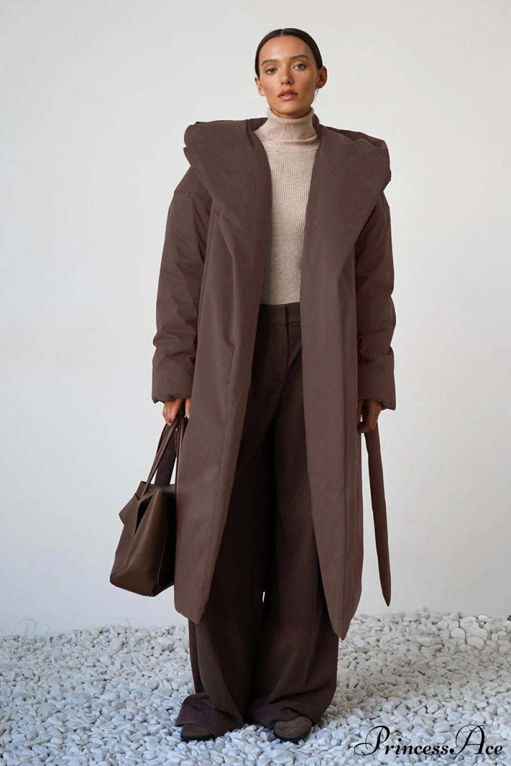 Solid Warm Long Hooded Belted Cotton Puffer Overcoat Brown / S