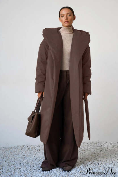 Solid Warm Long Hooded Belted Cotton Puffer Overcoat Brown / S