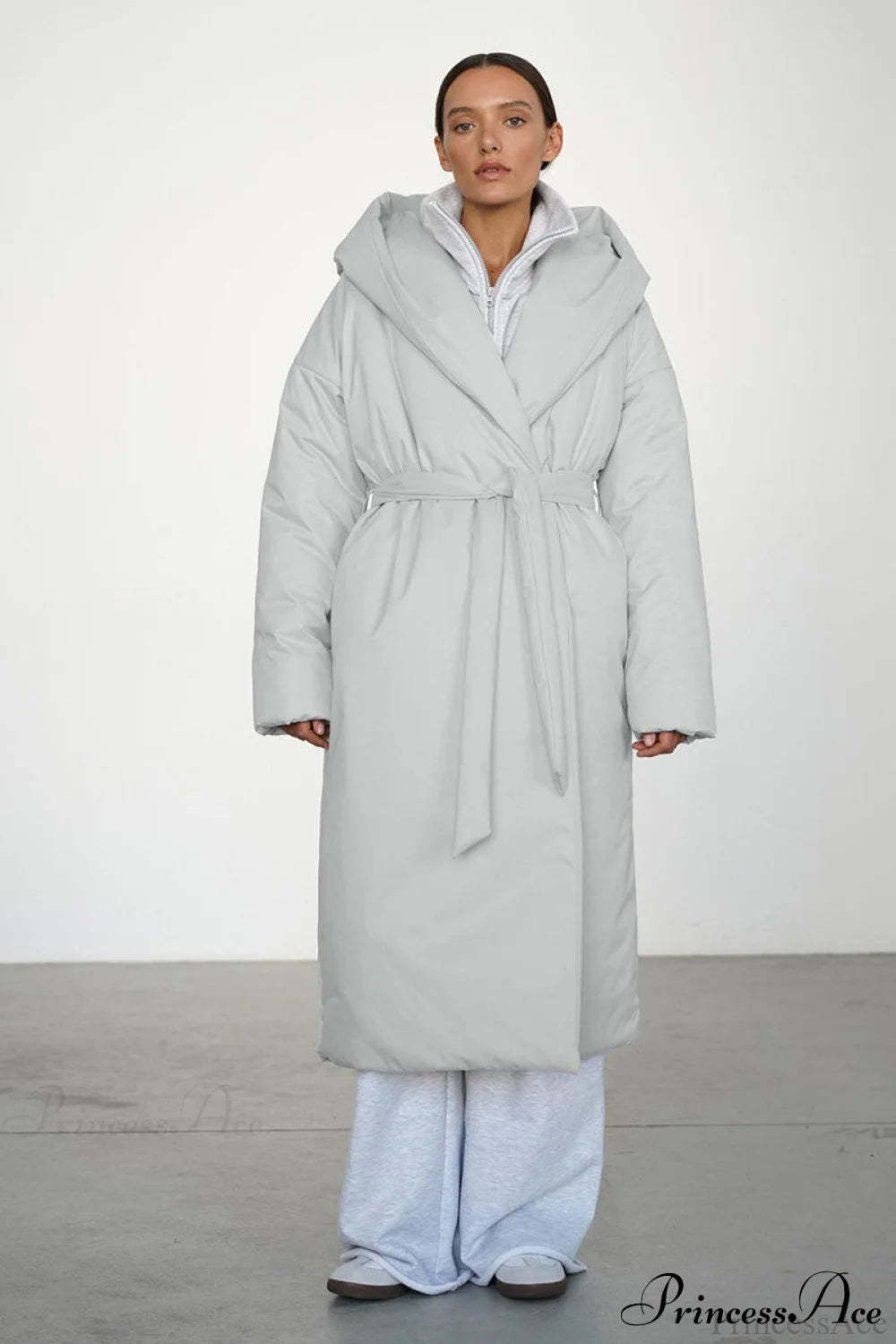 Solid Warm Long Hooded Belted Cotton Puffer Overcoat Light Gray / S