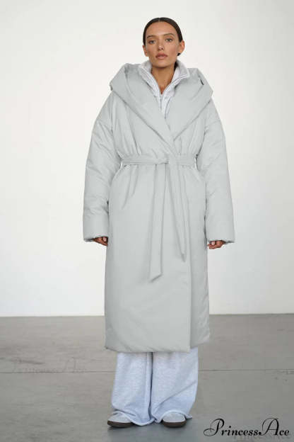 Solid Warm Long Hooded Belted Cotton Puffer Overcoat Light Gray / S