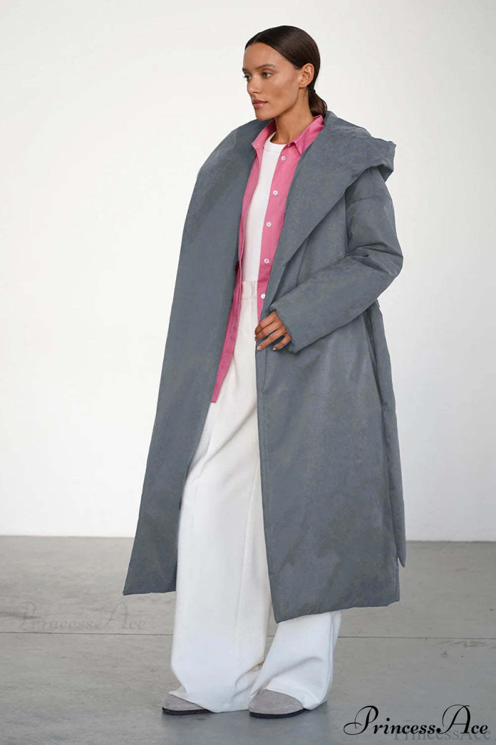 Solid Warm Long Hooded Belted Cotton Puffer Overcoat Medium Gray / S