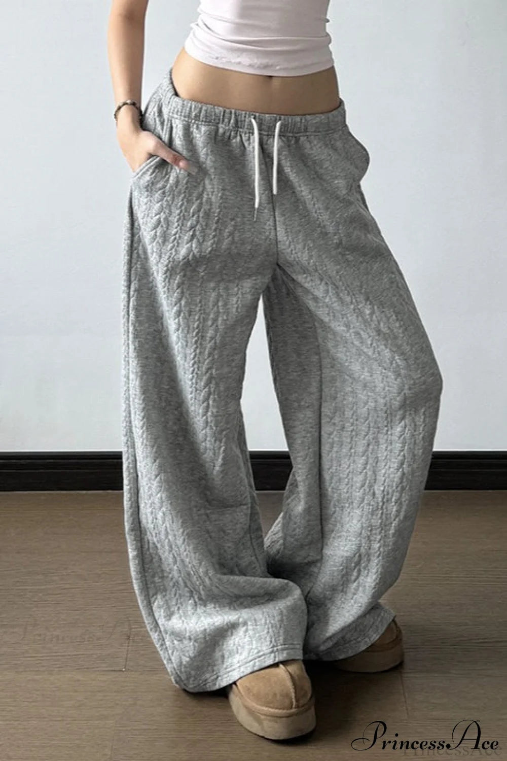 Solid Warm Wide Leg Tie Waist Pants Grey / S