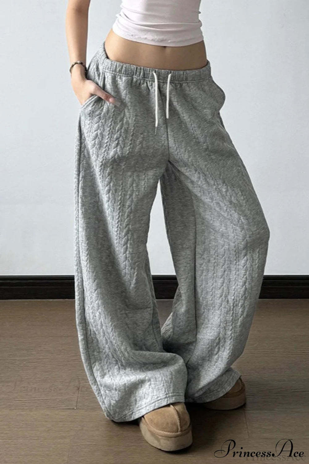 Solid Warm Wide Leg Tie Waist Pants Grey / S