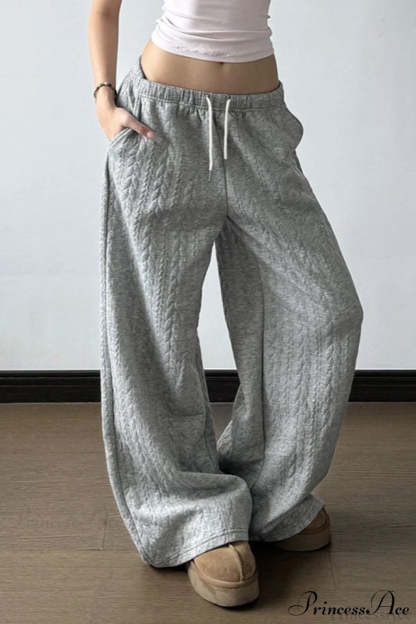 Solid Warm Wide Leg Tie Waist Pants Grey / S