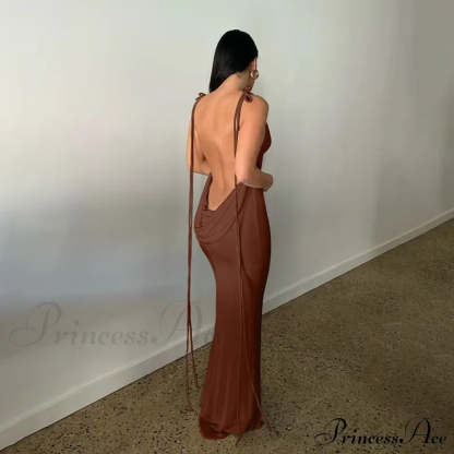 Spaghetti Strap Backless Bandage Maxi Dress Brown / S