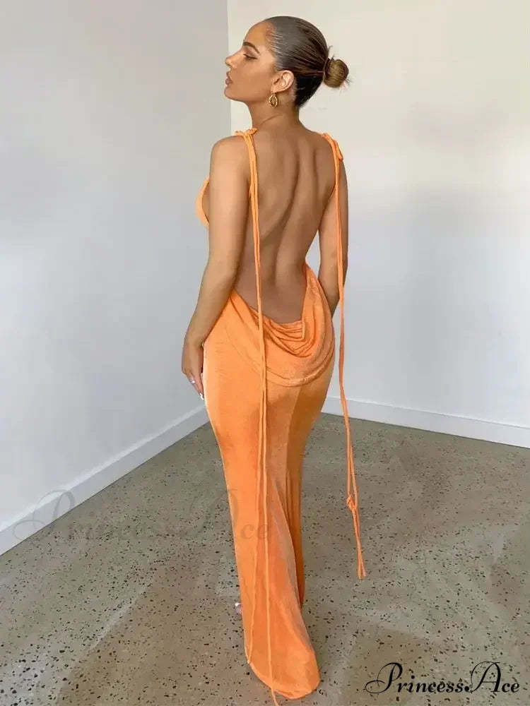 Spaghetti Strap Backless Bandage Maxi Dress Orange / S