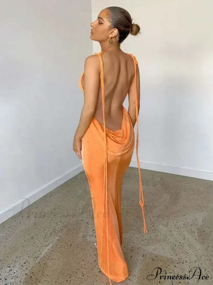 Spaghetti Strap Backless Bandage Maxi Dress Orange / S