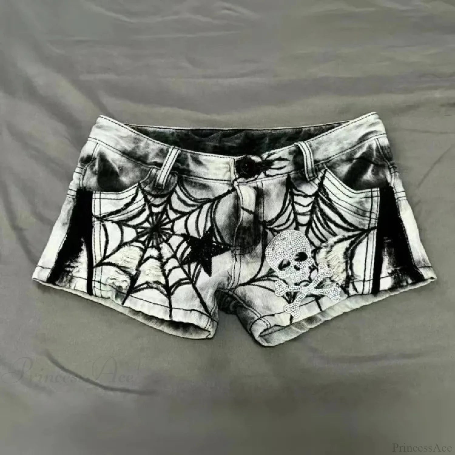 Spider Web Printed Denim Short white gray / S