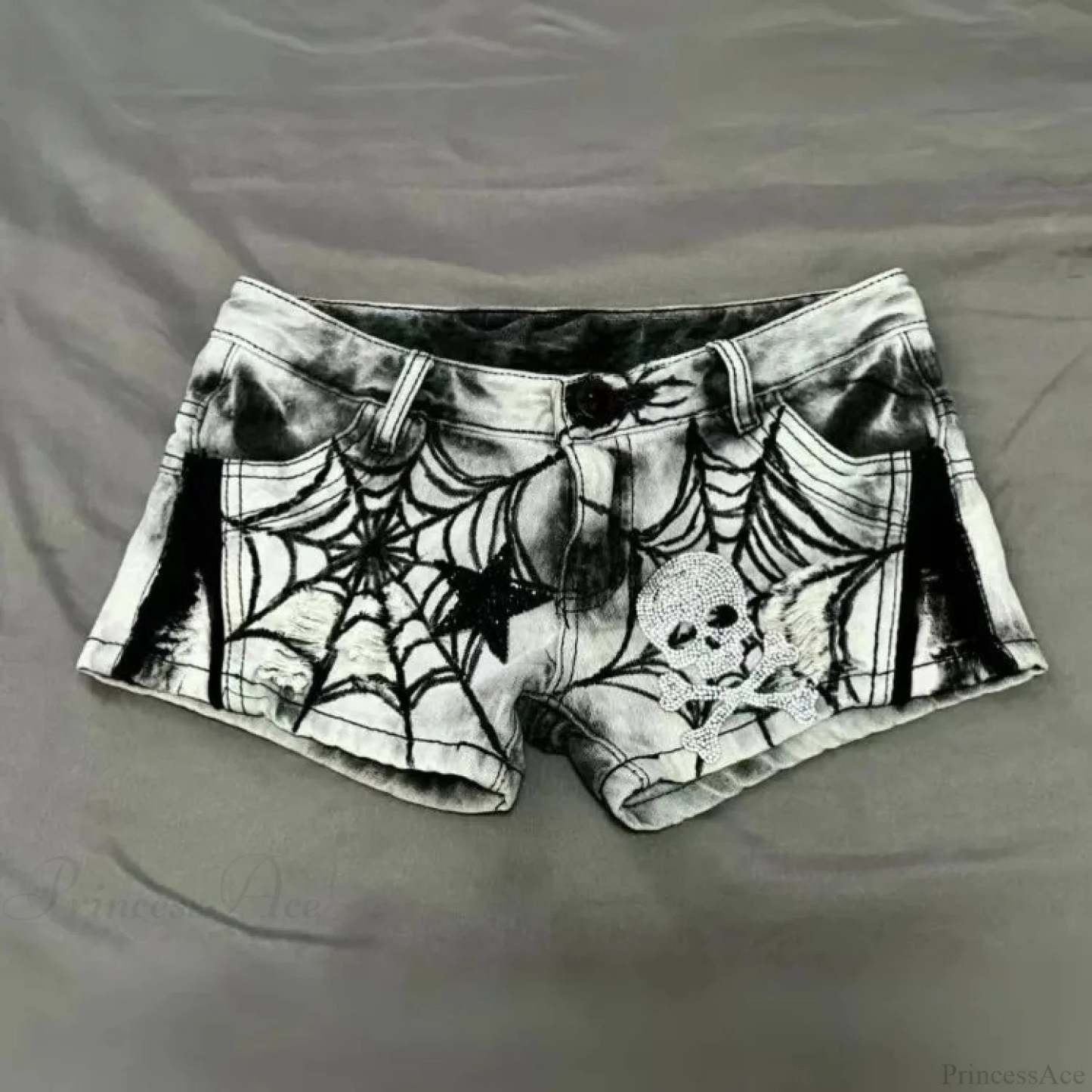 Spider Web Printed Denim Short white gray / S