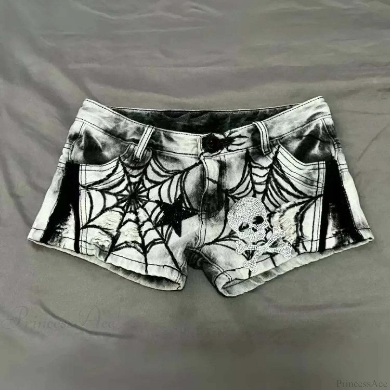 Spider Web Printed Denim Short white gray / S