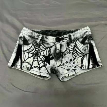 Spider Web Printed Denim Short white gray / S