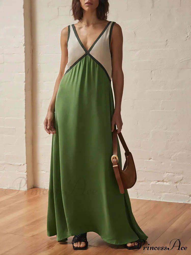 Splicing Chic V-Neck Charming Contrasting Color Dress Green / S Dresses