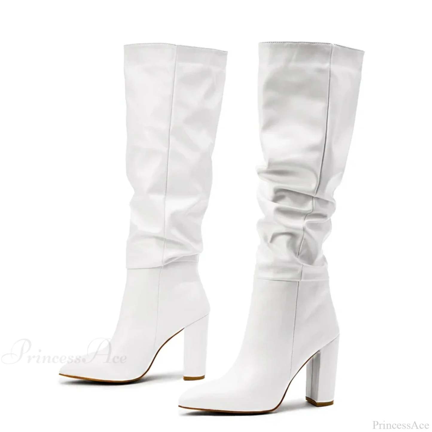 Spring Fashion Pleated Chunky High Heel Sexy Slip-on Pointed Toe Knee High Boot