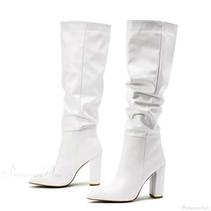 Spring Fashion Pleated Chunky High Heel Sexy Slip-on Pointed Toe Knee High Boot
