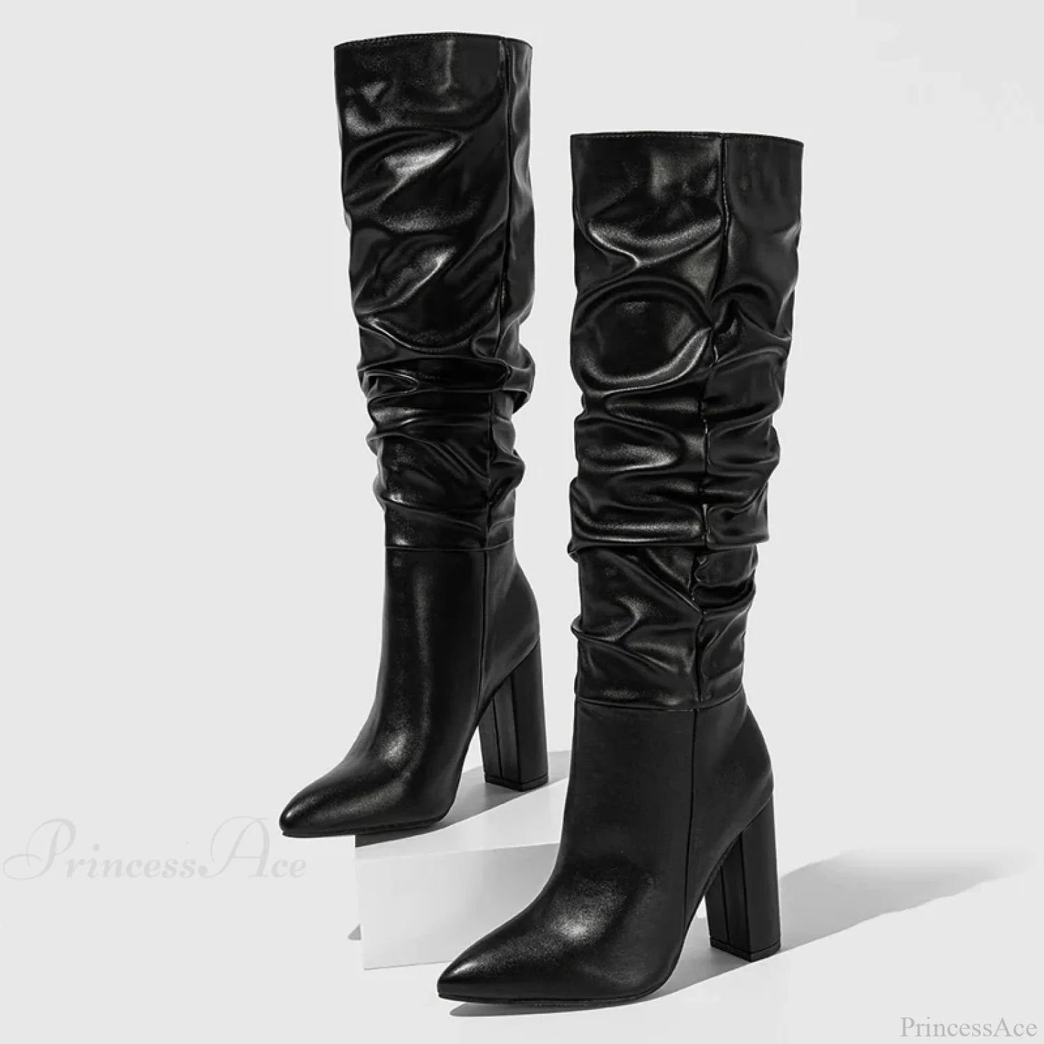 Spring Fashion Pleated Chunky High Heel Sexy Slip-on Pointed Toe Knee High Boot