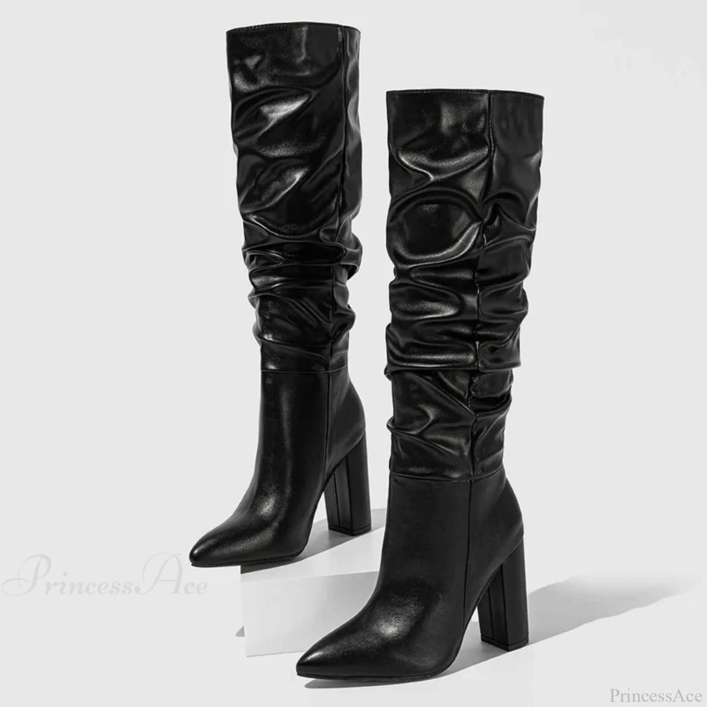 Spring Fashion Pleated Chunky High Heel Sexy Slip-on Pointed Toe Knee High Boot