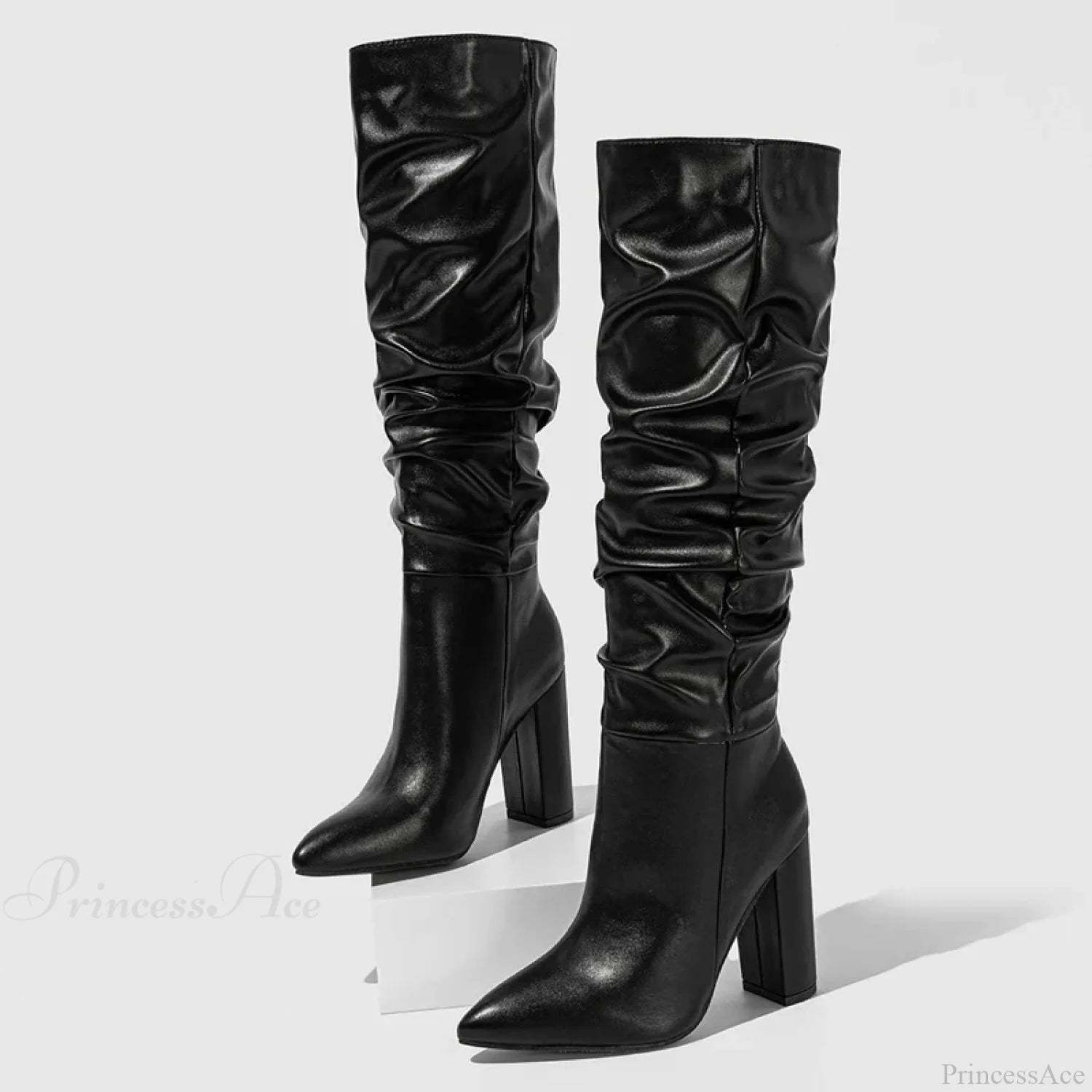 Spring Fashion Pleated Chunky High Heel Sexy Slip-on Pointed Toe Knee High Boot