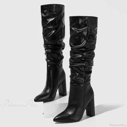 Spring Fashion Pleated Chunky High Heel Sexy Slip-on Pointed Toe Knee High Boot
