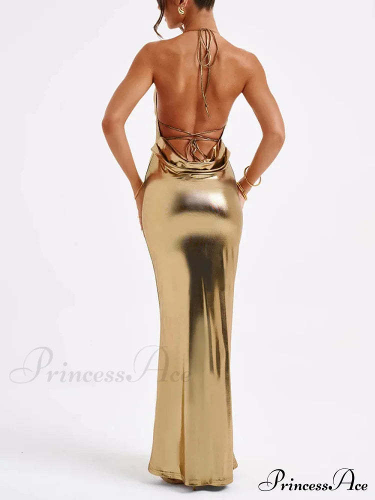 Spring Swing Collar Glossy Graceful Metallic Backless Maxi Dress Dresses