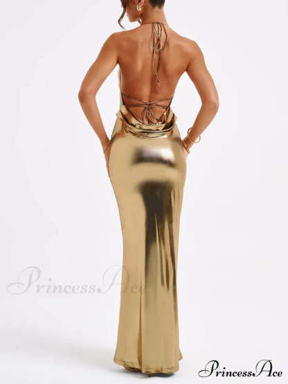 Spring Swing Collar Glossy Graceful Metallic Backless Maxi Dress Dresses