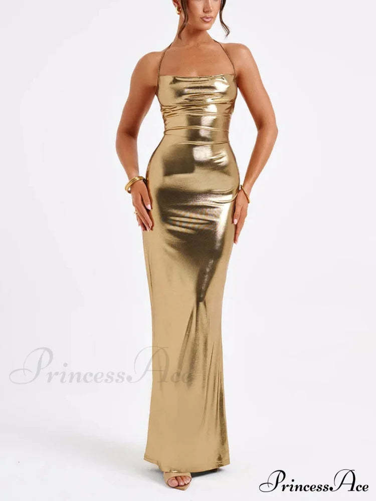 Spring Swing Collar Glossy Graceful Metallic Backless Maxi Dress Gold / S Dresses