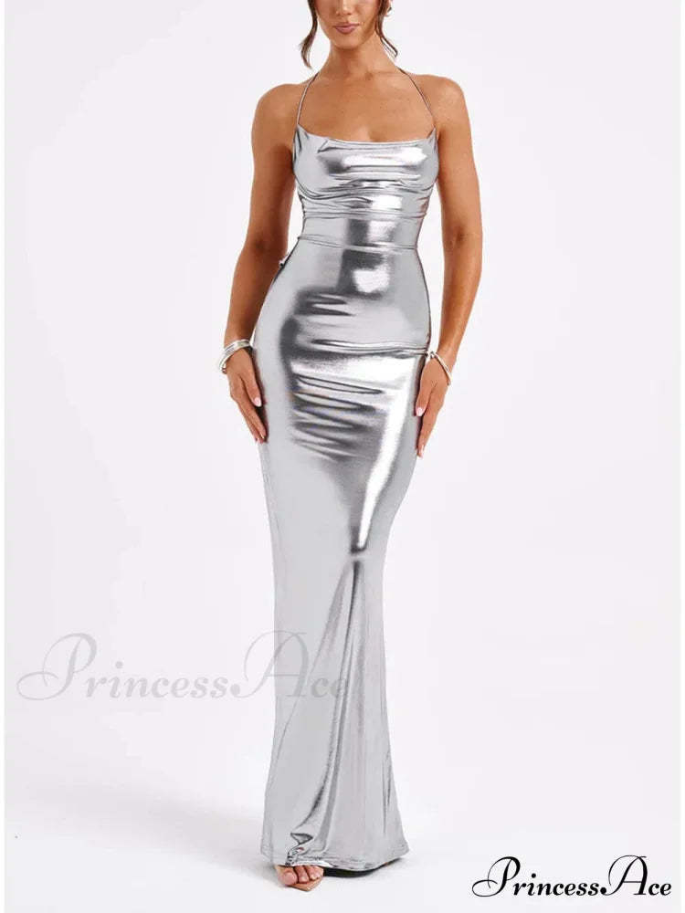 Spring Swing Collar Glossy Graceful Metallic Backless Maxi Dress Silver / S Dresses