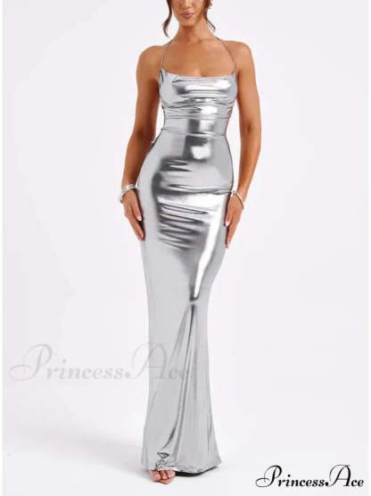 Spring Swing Collar Glossy Graceful Metallic Backless Maxi Dress Silver / S Dresses