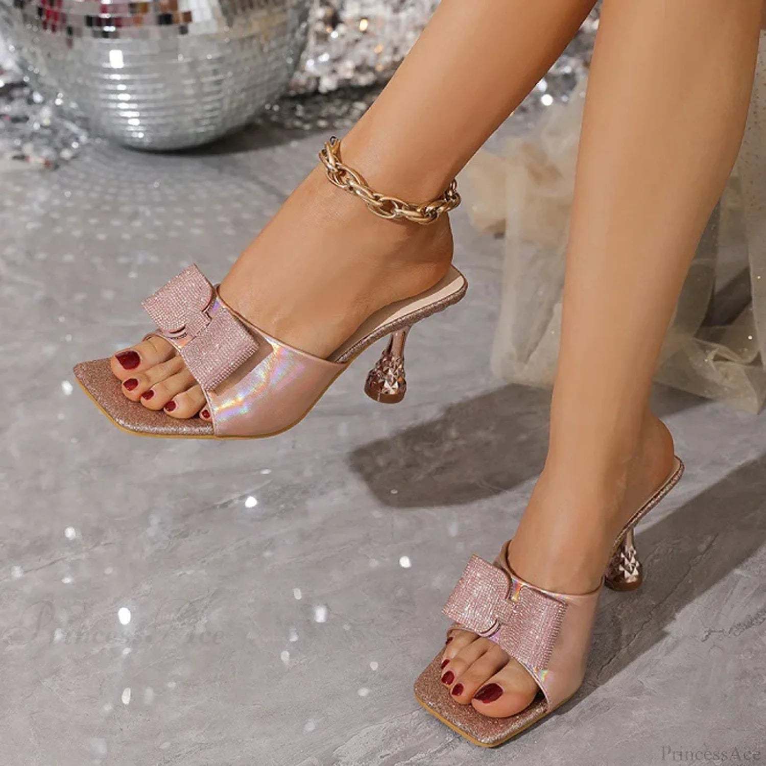 Square Toe Crystal Butterfly-Knot Slippers Low Heels Summer Party Heel Pump