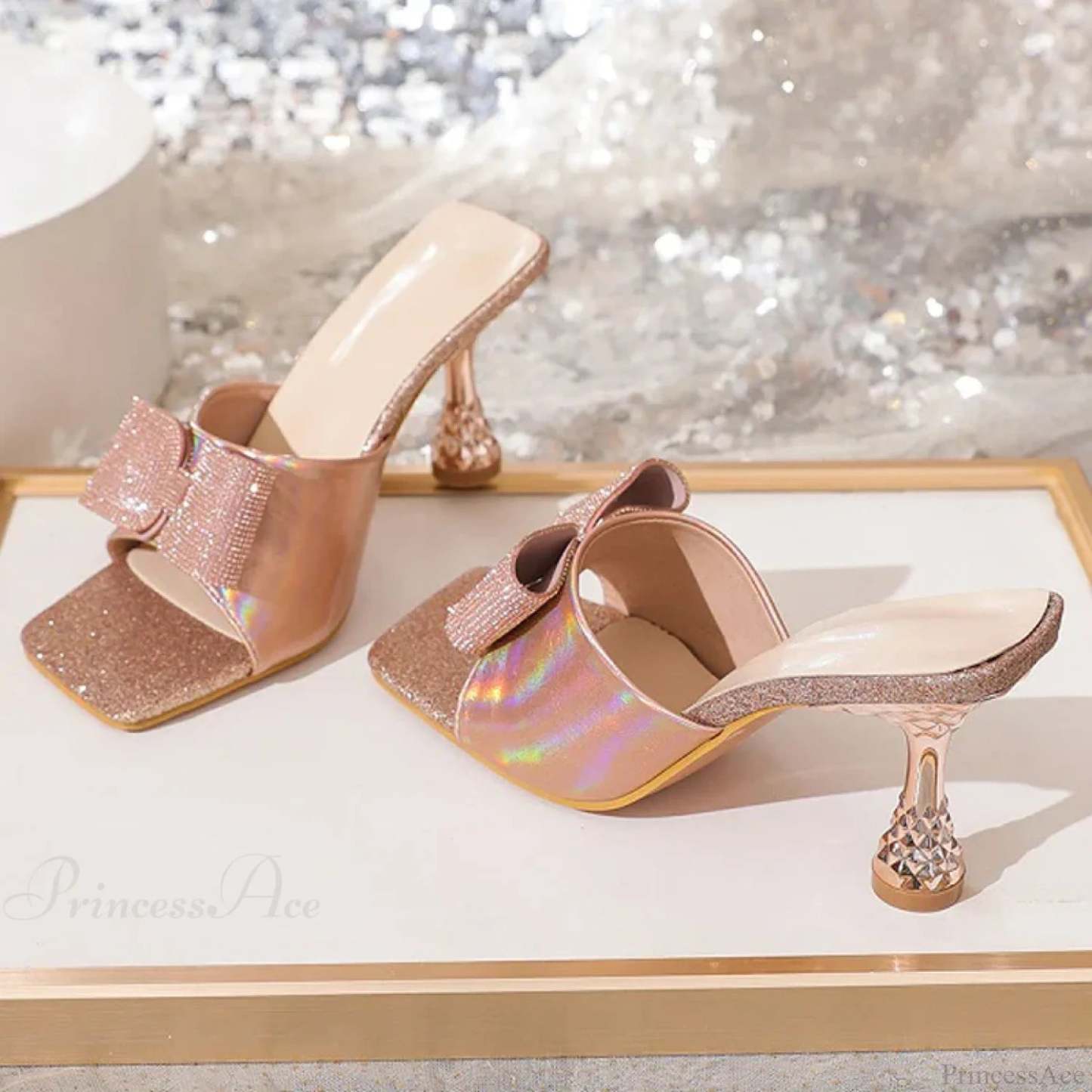 Square Toe Crystal Butterfly-Knot Slippers Low Heels Summer Party Heel Pump