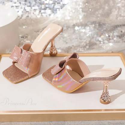 Square Toe Crystal Butterfly-Knot Slippers Low Heels Summer Party Heel Pump
