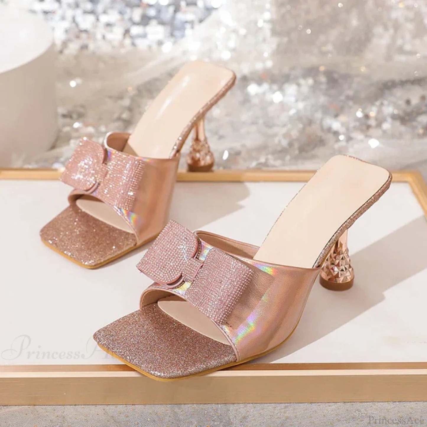 Square Toe Crystal Butterfly-Knot Slippers Low Heels Summer Party Heel Pump