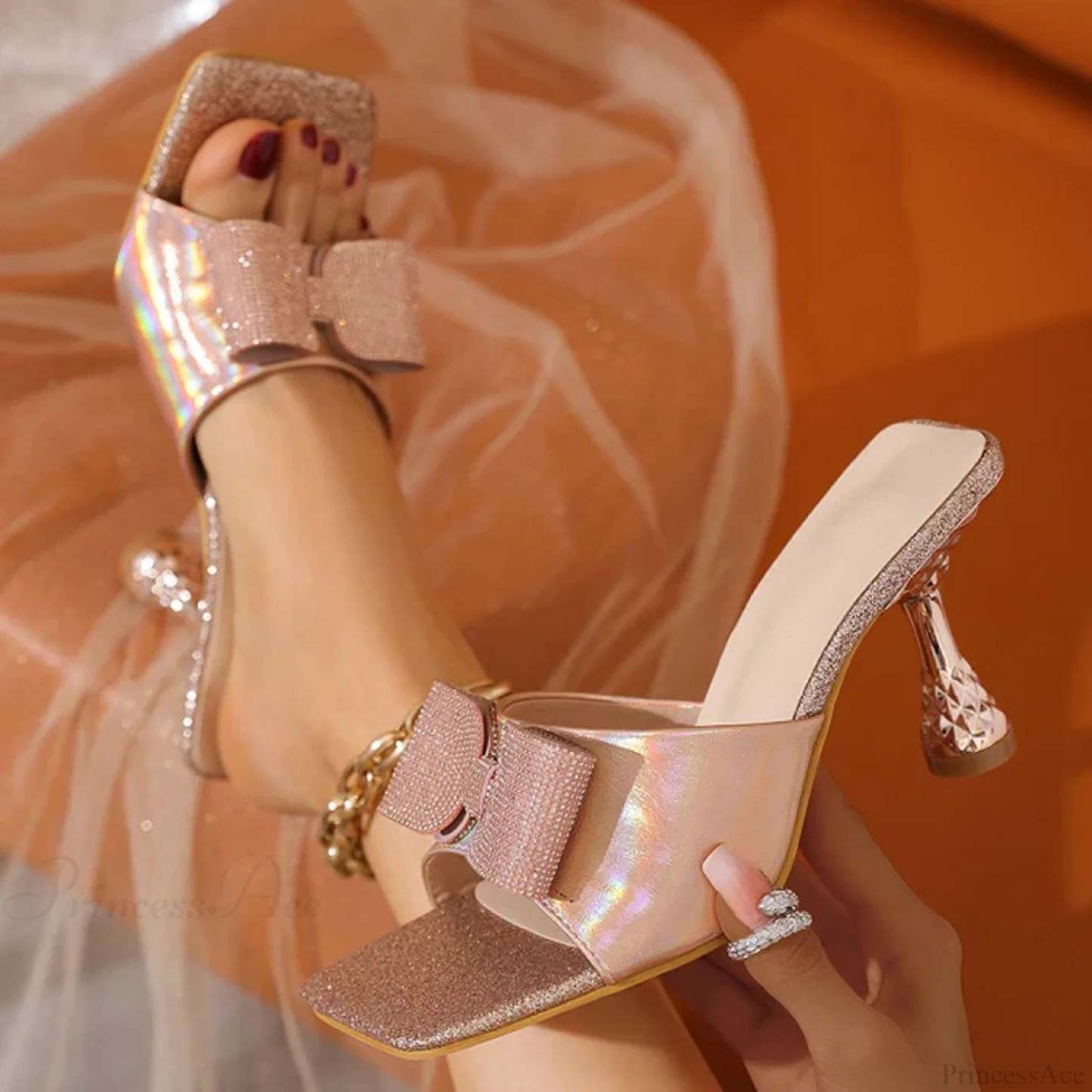 Square Toe Crystal Butterfly-Knot Slippers Low Heels Summer Party Heel Pump Pink / 36