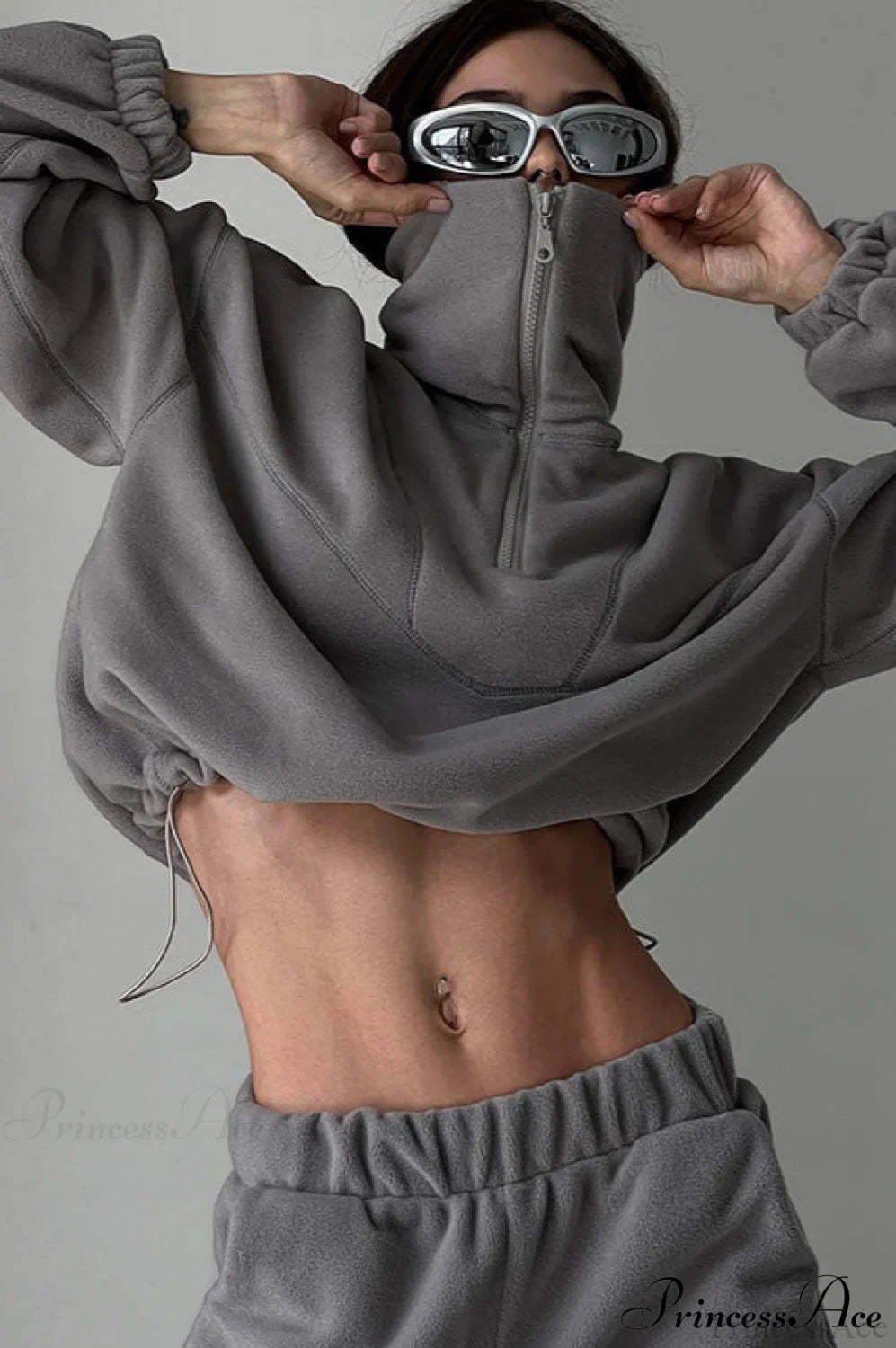 Stand Collar Polar Fleece Short Drawcord Sweatshirt