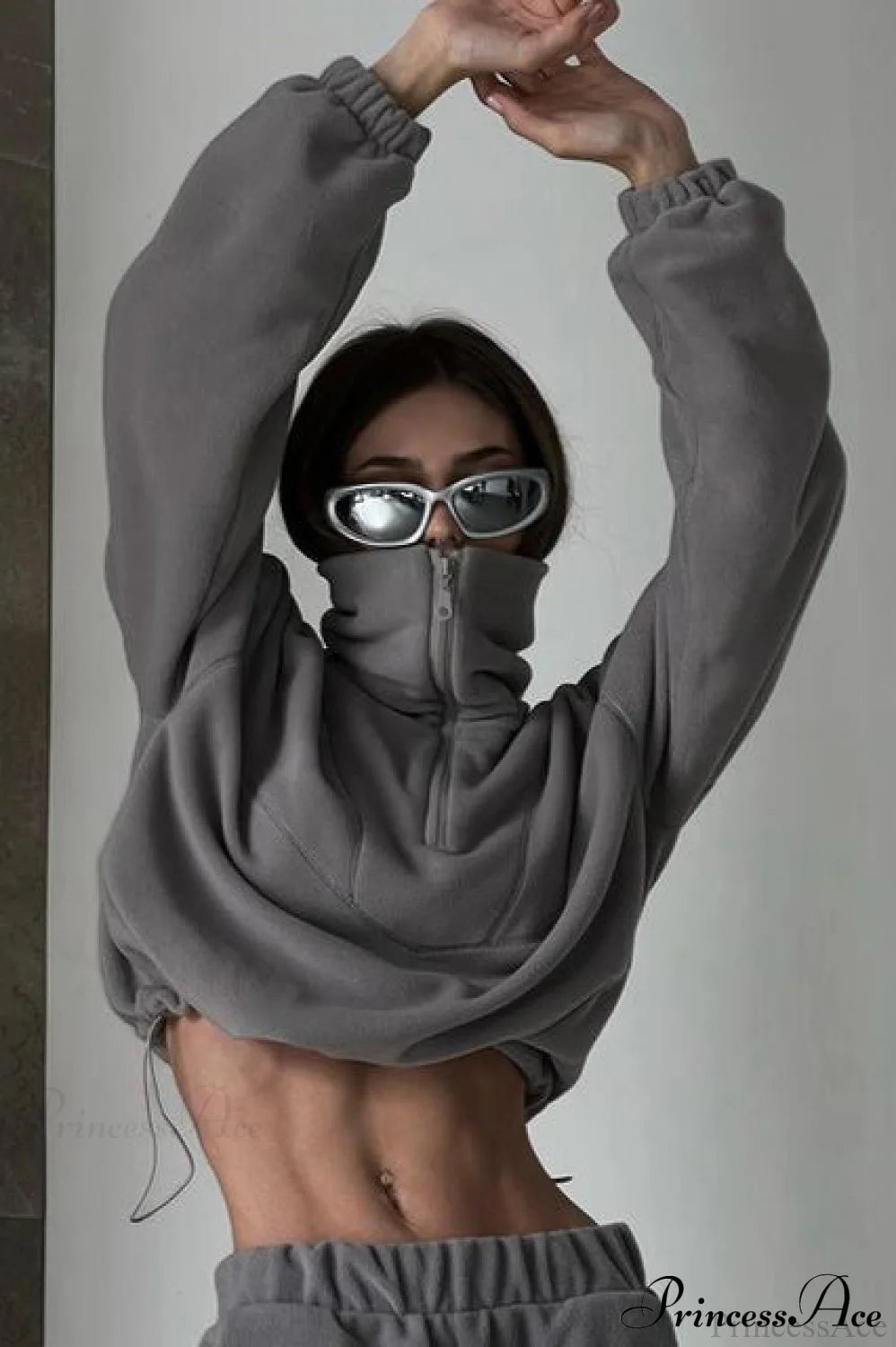 Stand Collar Polar Fleece Short Drawcord Sweatshirt Grey / XS