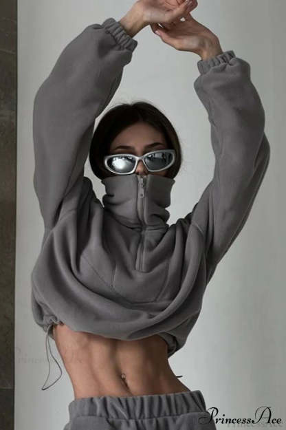 Stand Collar Polar Fleece Short Drawcord Sweatshirt Grey / XS