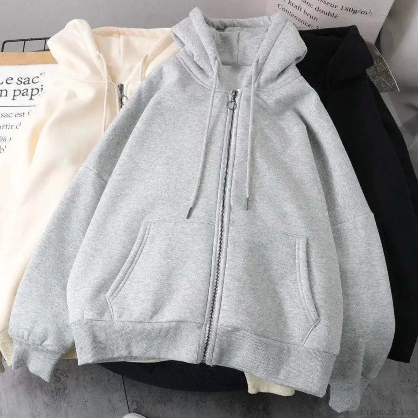 Star Print Retro Zipper Hoodie white2 / M
