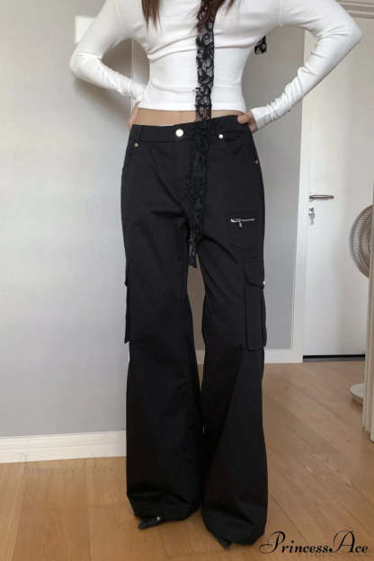 Straight-Leg Multi-Pocket High-Waisted Cargo Pants Black / S