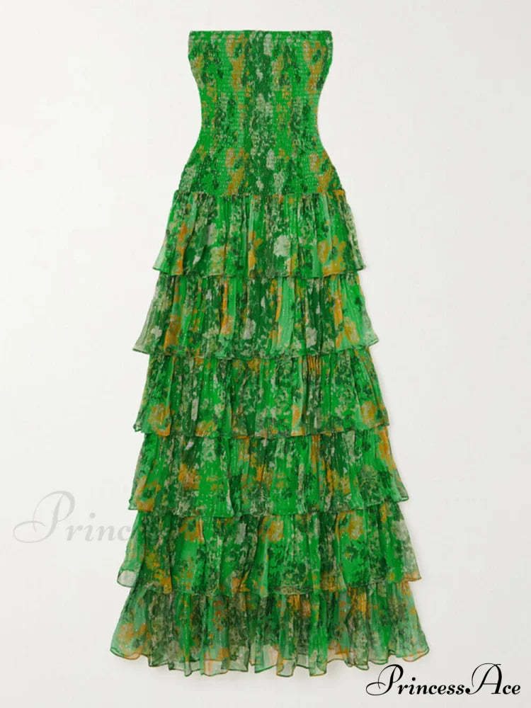 Strapless Layered Bandeau Charming Floral Print Maxi Dress Dresses