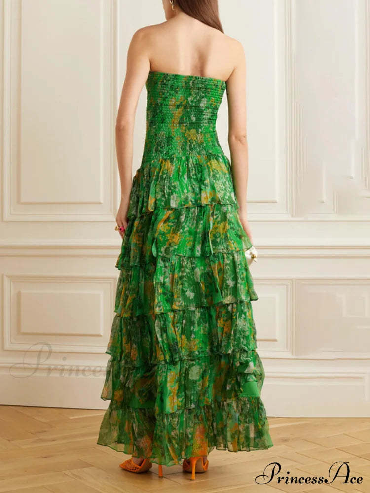 Strapless Layered Bandeau Charming Floral Print Maxi Dress Dresses