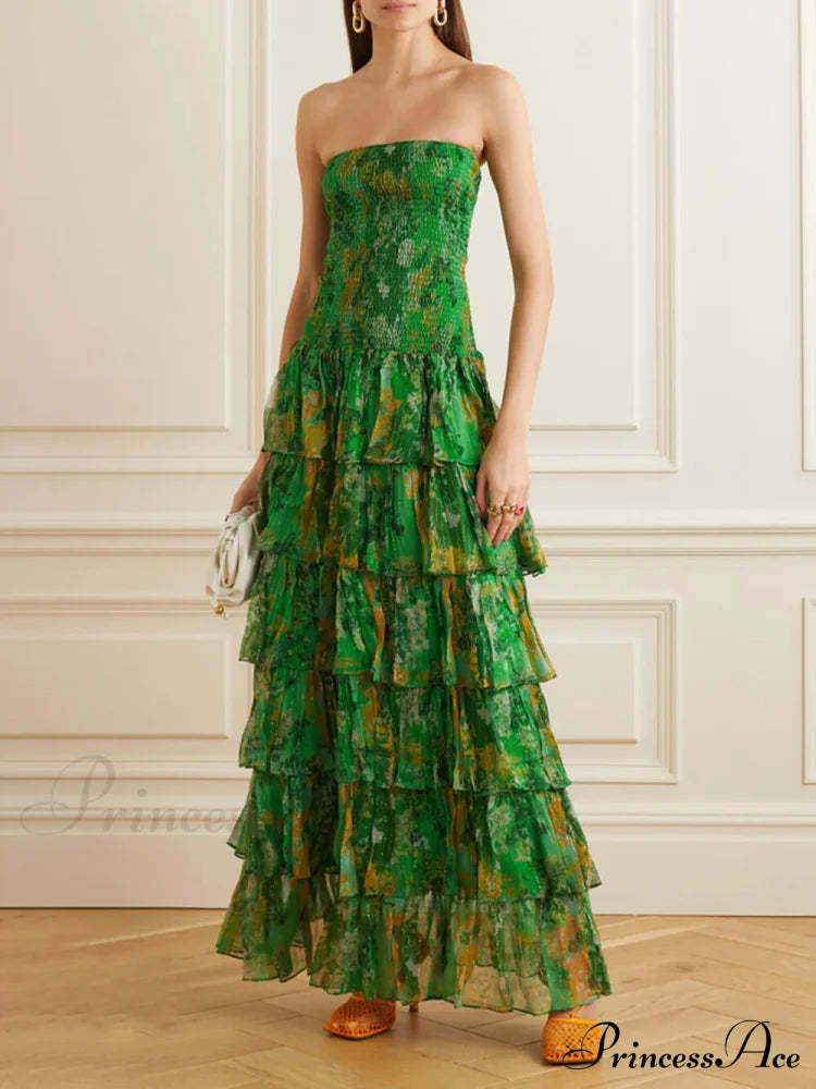 Strapless Layered Bandeau Charming Floral Print Maxi Dress Green / S Dresses