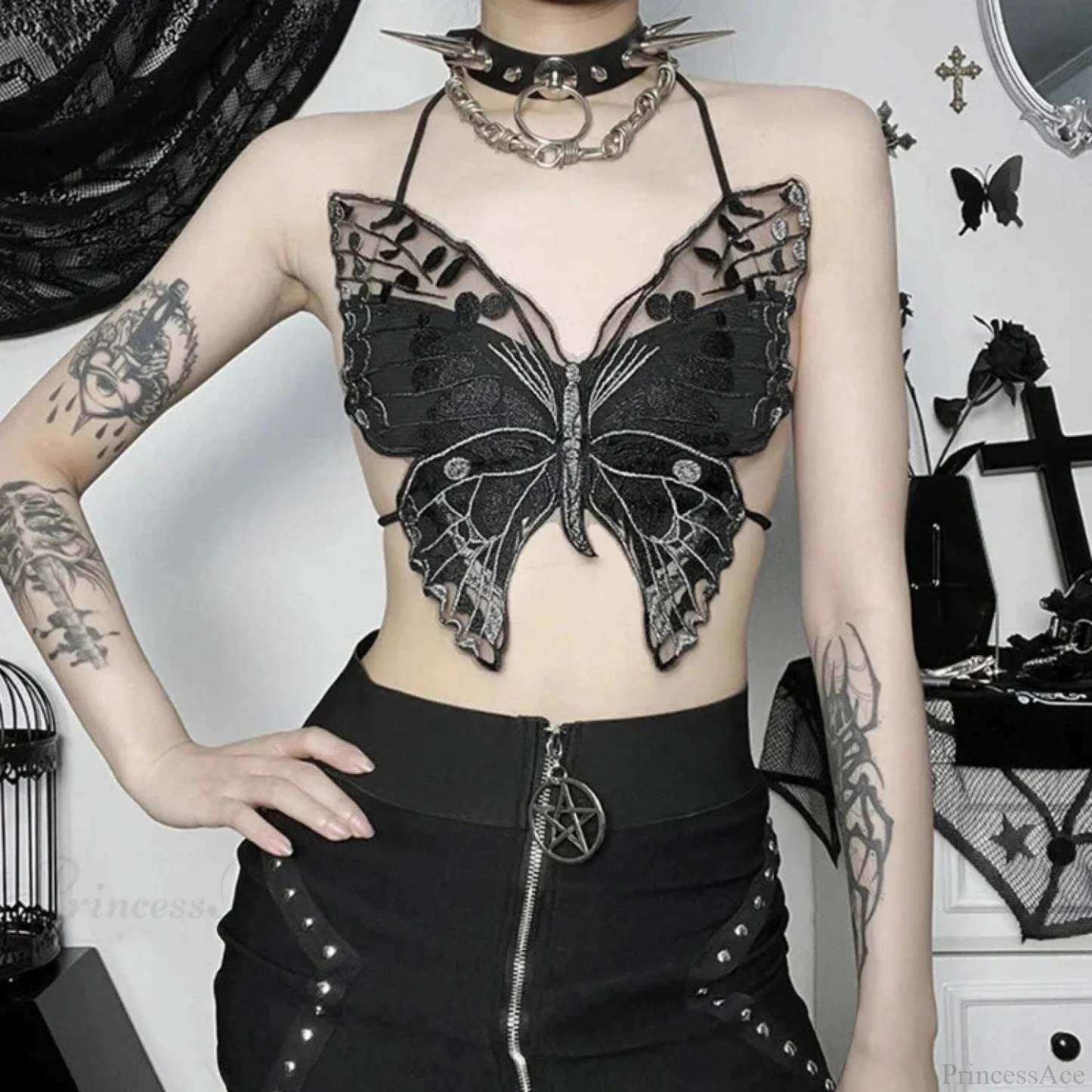 Strappy Bound Lace Butterfly Crop Top Black