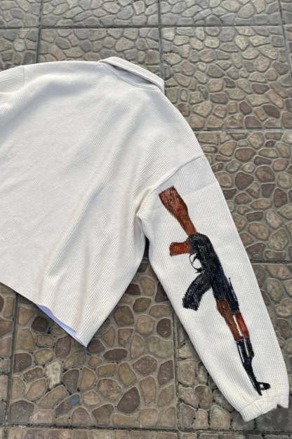 Street-Inspired Oversized Gun Graphic Letter Sweatshirt