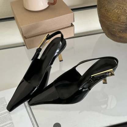 Street Style Sexy Pointed Metal Buckle Strap Slingback Square Toe Low Heel Pump Black / 35