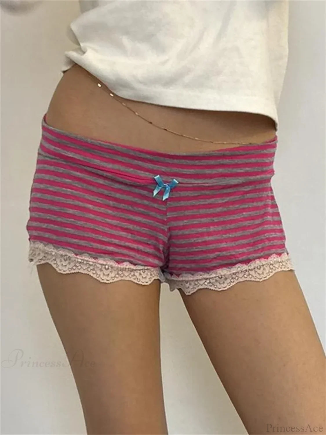 Striped Bow Lace Pajama Short red / S short-250223