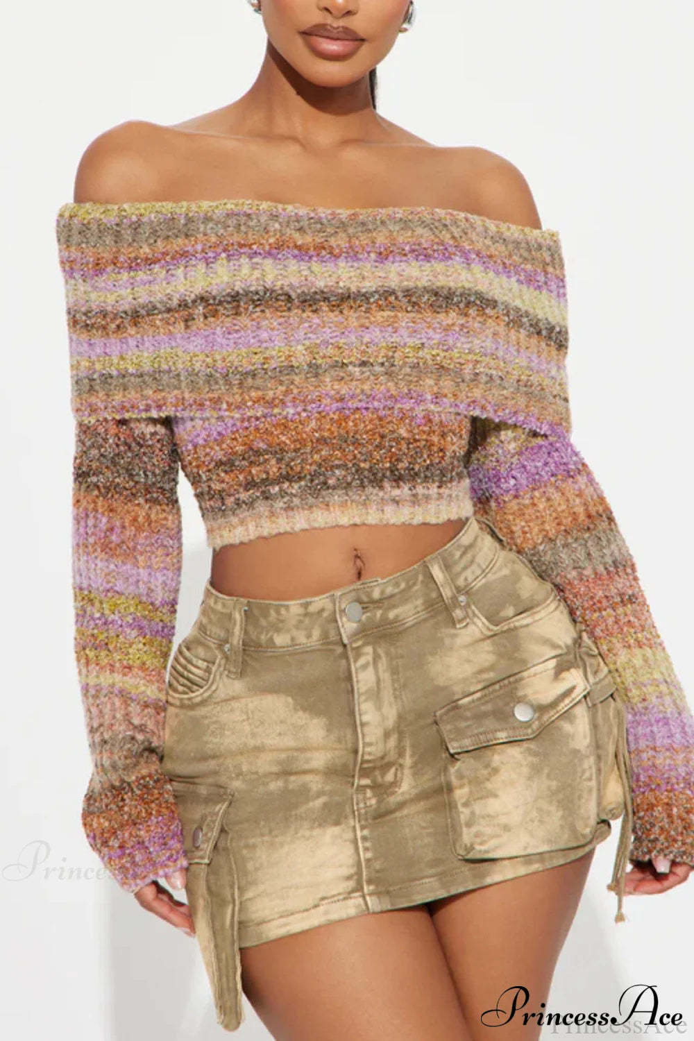 Striped Knit Fitted Off Shoulder Long Sleeve Crop Top