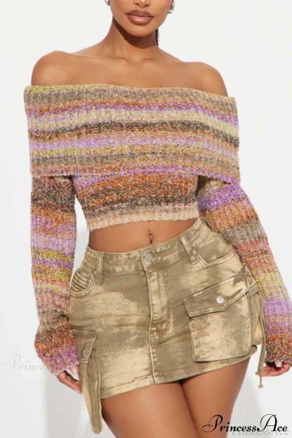 Striped Knit Fitted Off Shoulder Long Sleeve Crop Top