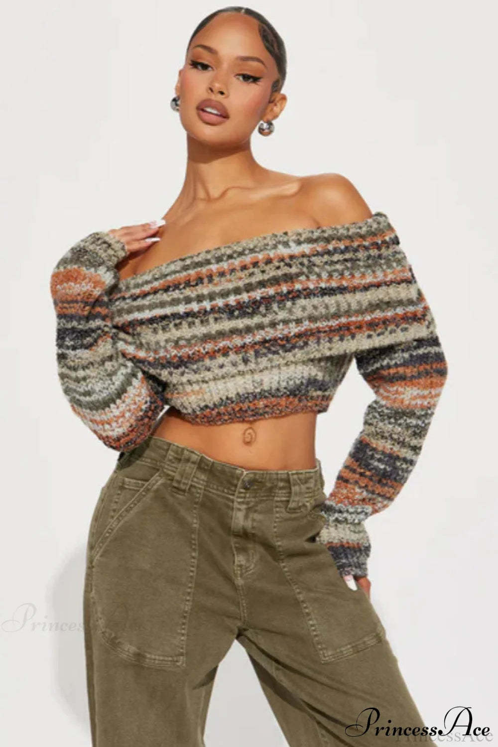 Striped Knit Fitted Off Shoulder Long Sleeve Crop Top Green / S